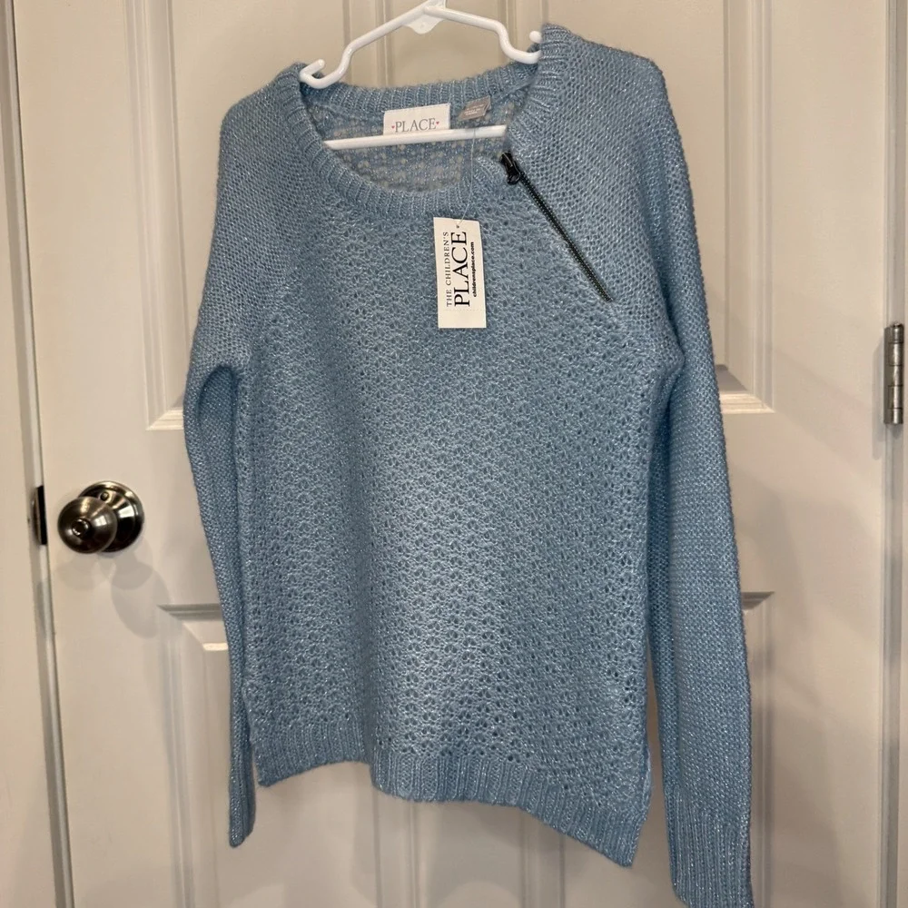 The Childrens Place Girls Blue Shimmer Open Knit Zipper Sweater Size S‎ 5/6 NWT